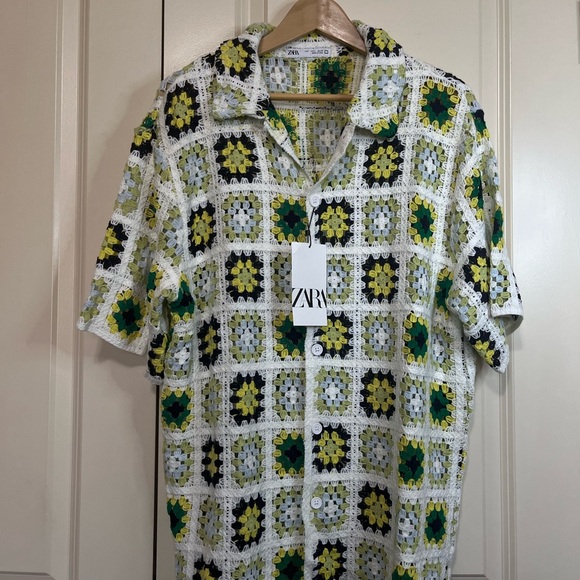 Zara Men's Colorful Crochet Button Down Shirt - Picture 1 of 6